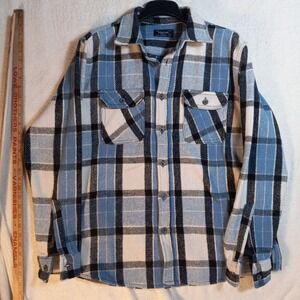Visitor Premium Mens Large Blue Grey Plaid Flannel Jacket Side Pockets Heavy